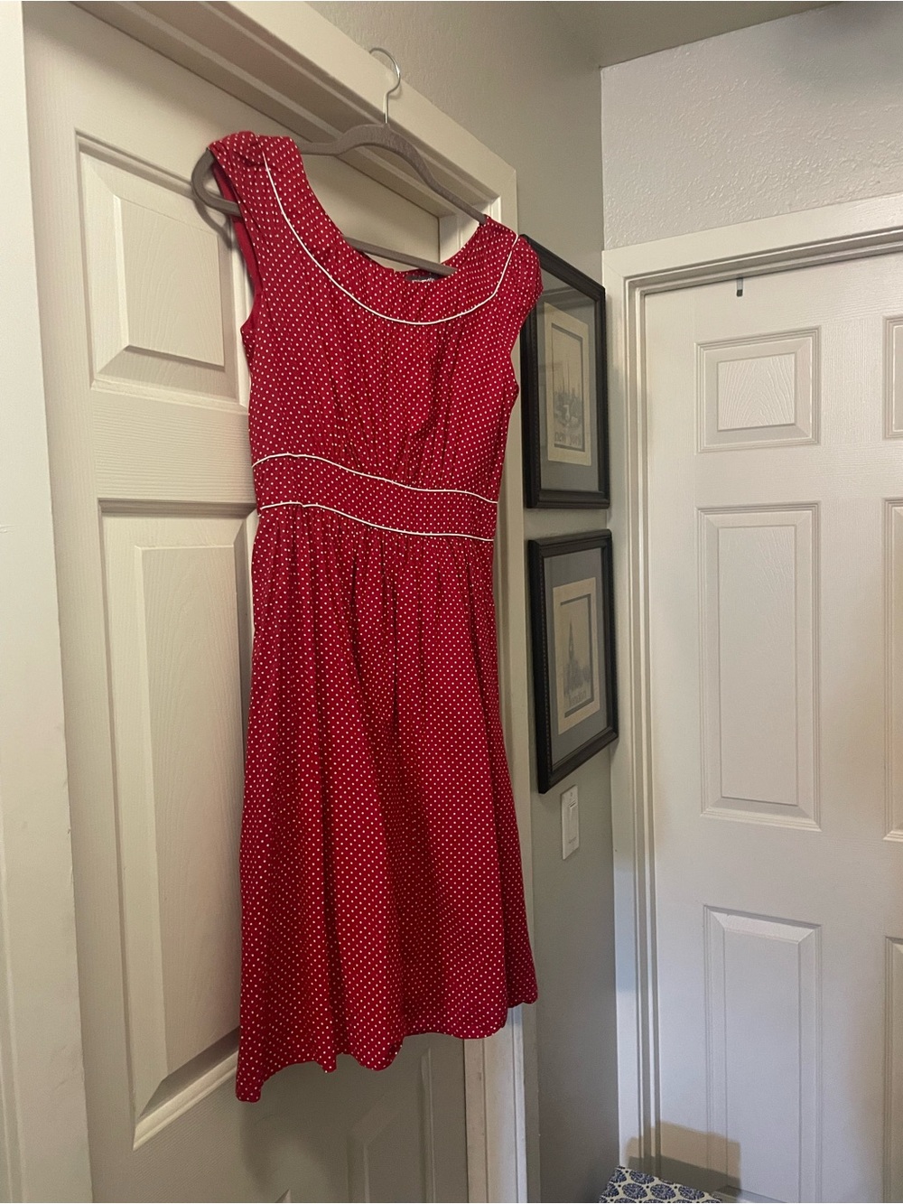Red Polka Dot Midi Dress with White Trim